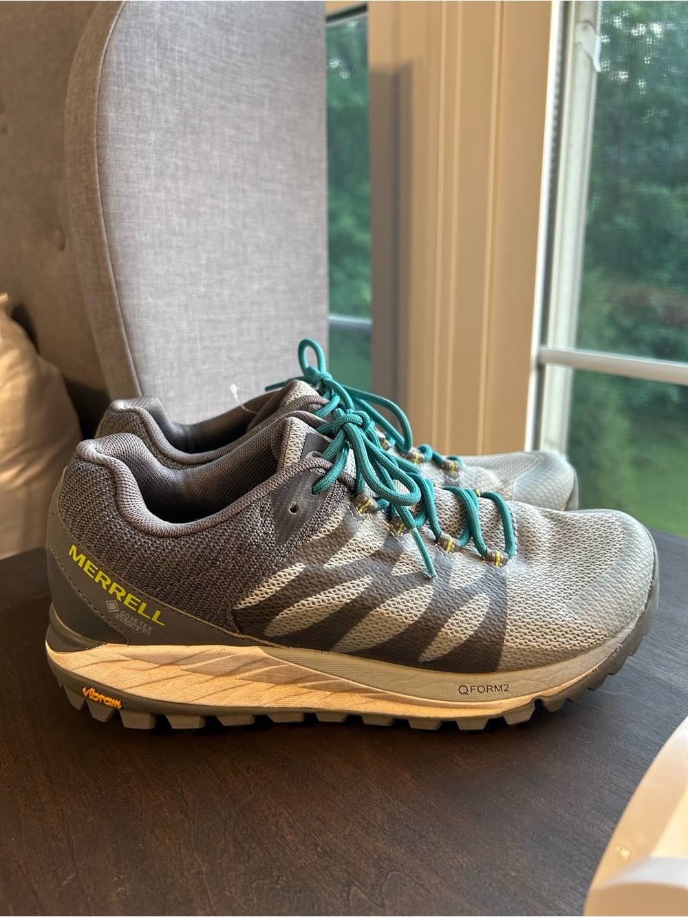 Like NEW Merrell Women’s Gray Trail Shoes with Teal Laces and Yellow Logo